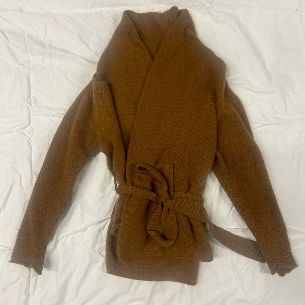 The Elder Statesman Cozy Brown Wrap Belted Cardigan